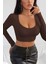 Özel Kadın Kahverengi Uzun Kol Kare Yaka Crop Top Bluz Fırsat!!! 1