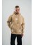 Double Oversize Kapşonlu Şimşek Pano Baskılı Sweatshirt - Bej 1