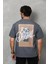 Unisex Bisiklet Yaka Baskılı Oversize T-Shirt - Füme 2