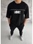 Unisex Bisiklet Yaka Baskılı Oversize T-Shirt - Siyah 1