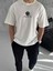 Unisex Bisiklet Yaka Baskılı Oversize T-Shirt - Beyaz 1