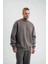 Unisex Uzun Kol Bisiklet Yaka Yıkamalı Sweatshirt - Füme 3