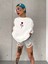 Unisex Bisiklet Yaka Baskılı Oversize T-Shirt - Beyaz 1