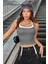Özel Kadın Antrasit Gri Beyaz Çift Renk Çapraz Askılı Crop Top Bluz Fırsat!!! 4