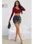 Özel Kadın Bordo Uzun Kol Kare Yaka Crop Top Bluz Fırsat!!! 4