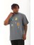 Unisex Oversize Baskılı Bisiklet Yaka T-Shirt - Füme 2