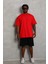 Unisex Oversize Düz Bisiklet Yaka T-Shirt - Kırmızı 1