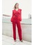 Kadın Şifon Detaylı Kruvaze Anvelop Uzun Kol Beli Bağcıklı Hafifi Likralı Krep Kumaş Tulum-Kırmızı 1