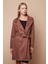 Kadın Hafif Likralı Süet Kumaş Anvelop Kruvaze Cepli Uzun Kol Diz Boy Trençkot-Kahve 5