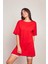 Likrasız Pamuk Sıfır Yaka Bol Duble Kol Yan Yırtmaçlı Oversize Tshirt- -Kırmızı 2