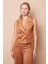 Kadın Hafif Likralı Süet Kumaş Yakalı Flato Cepli Düğmeli Yelek(Pantolon Için Jument 40074)-CAMEL 4