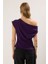 Kadın Mor Büzgü Detay Asimetrik Yaka Bluz 4