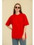 Kadın Kırmızı Oversize Bisiklet Yaka %100 Pamuk Düz Basic Yazlık T-Shirt 2