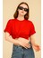 Kadın Kırmızı Oversize Bisiklet Yaka %100 Pamuk Düz Basic Yazlık T-Shirt 4