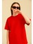 Kadın Kırmızı Oversize Bisiklet Yaka %100 Pamuk Düz Basic Yazlık T-Shirt 6