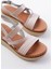 730-152 Bej Örgü Desenli Hakiki Deri Ortopedik Taban Kadın Sandalet 3