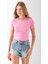 Kadın Bisiklet Yaka Çizgili Pamuklu Crop T-Shirt Pembe Beyaz - 25512 1