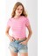 Kadın Bisiklet Yaka Çizgili Pamuklu Crop T-Shirt Pembe Beyaz - 25512 3
