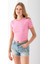 Kadın Bisiklet Yaka Çizgili Pamuklu Crop T-Shirt Pembe Beyaz - 25512 4