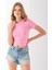 Kadın Bisiklet Yaka Çizgili Pamuklu Crop T-Shirt Pembe Beyaz - 25512 5