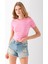 Kadın Bisiklet Yaka Çizgili Pamuklu Crop T-Shirt Pembe Beyaz - 25512 6