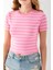 Kadın Bisiklet Yaka Çizgili Pamuklu Crop T-Shirt Pembe Beyaz - 25512 7