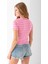 Kadın Bisiklet Yaka Çizgili Pamuklu Crop T-Shirt Pembe Beyaz - 25512 8