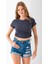 Kadın Bisiklet Yaka Yanı Stoperli Crop T-Shirt Füme - 25514 3