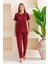 Kadın Bisiklet Yaka Kısa Kollu Kalp Desenli Pijama Takım Bordo - 6016 1