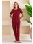 Kadın Bisiklet Yaka Kısa Kollu Kalp Desenli Pijama Takım Bordo - 6016 2