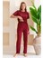 Kadın Bisiklet Yaka Kısa Kollu Kalp Desenli Pijama Takım Bordo - 6016 3