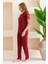 Kadın Bisiklet Yaka Kısa Kollu Kalp Desenli Pijama Takım Bordo - 6016 4