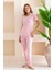 Kadın Bisiklet Yaka Kısa Kollu Çizgili Pijama Takım Pembe - 6016 3