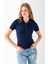 Kadın Polo Yaka Düğme Detaylı Triko Basic T-Shirt Lacivert - 4057 3