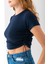 Kadın Bisiklet Yaka Yanı Stoperli Crop T-Shirt Lacivert - 25514 5