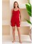 Kadın Ip Askılı Şortlu Pamuk Karışımlı Kaşkorse Pijama Takımı Kırmızı - 6015 2
