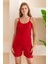 Kadın Ip Askılı Şortlu Pamuk Karışımlı Kaşkorse Pijama Takımı Kırmızı - 6015 3