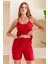 Kadın Ip Askılı Şortlu Pamuk Karışımlı Kaşkorse Pijama Takımı Kırmızı - 6015 5