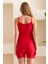 Kadın Ip Askılı Şortlu Pamuk Karışımlı Kaşkorse Pijama Takımı Kırmızı - 6015 8