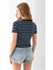 Kadın Bisiklet Yaka Çizgili Pamuklu Crop T-Shirt Lacivert Beyaz - 25512 8
