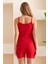 Kadın Ip Askılı Şortlu Pamuk Karışımlı Kaşkorse Pijama Takımı Kırmızı - 6015 8