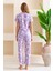 Kadın Bisiklet Yaka Kısa Kollu Çiçek Desenli Pijama Takım Mor - 6016 8