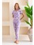 Kadın Bisiklet Yaka Kısa Kollu Çiçek Desenli Pijama Takım Mor - 6016 1