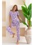 Kadın Bisiklet Yaka Kısa Kollu Çiçek Desenli Pijama Takım Mor - 6016 2