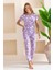 Kadın Bisiklet Yaka Kısa Kollu Çiçek Desenli Pijama Takım Mor - 6016 3