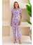 Kadın Bisiklet Yaka Kısa Kollu Çiçek Desenli Pijama Takım Mor - 6016 4