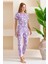 Kadın Bisiklet Yaka Kısa Kollu Çiçek Desenli Pijama Takım Mor - 6016 5