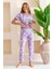 Kadın Bisiklet Yaka Kısa Kollu Çiçek Desenli Pijama Takım Mor - 6016 7