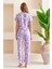 Kadın Bisiklet Yaka Kısa Kollu Çiçek Desenli Pijama Takım Mor - 6016 8