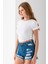 Kadın Bisiklet Yaka Yanı Stoperli Crop T-Shirt Beyaz - 25514 1